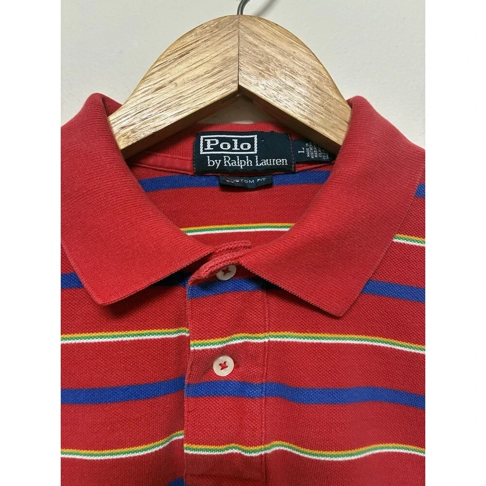 Polo Ralph Lauren Large Custom Fit Red Striped Polo With Yellow Logo Casual
